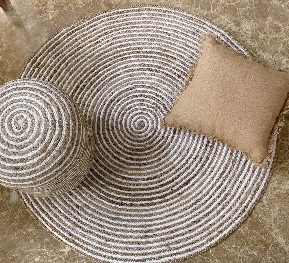 Hand Braided Spiral Designer Round Jute & Cotton Floormat