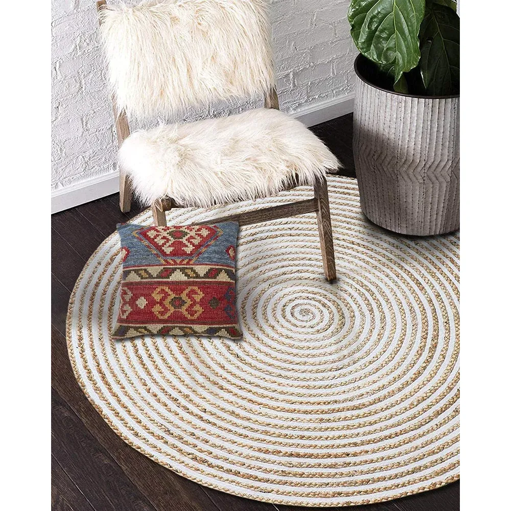 Hand Braided Spiral Designer Round Jute & Cotton Floormat