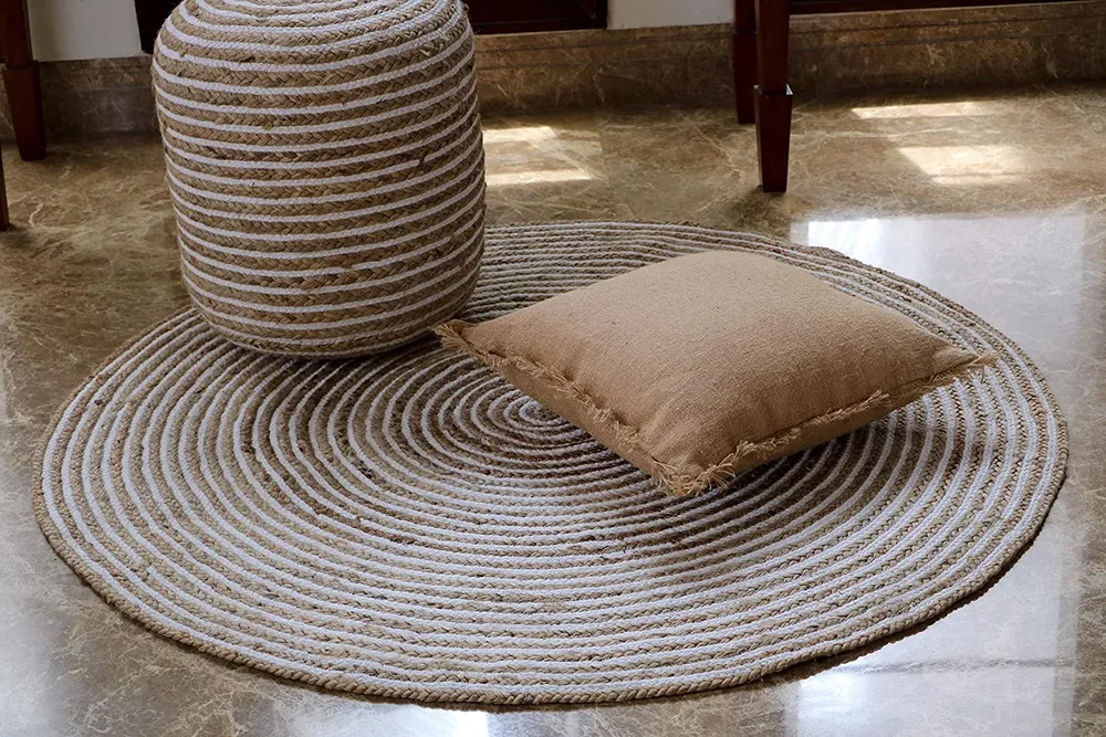 Hand Braided Spiral Designer Round Jute & Cotton Floormat Small (Diameter 90cm)