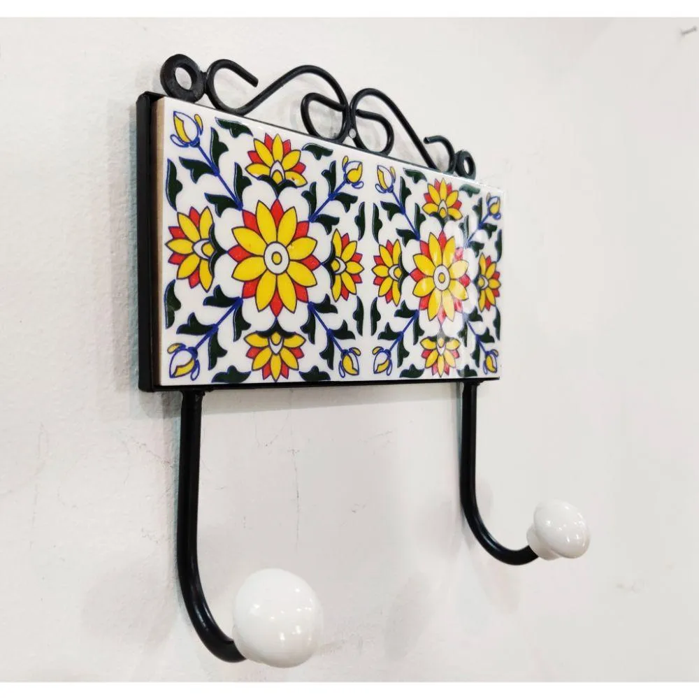 Hand Crafted Ceramic Wrought Iron Wall Hook, White  - Set of 2