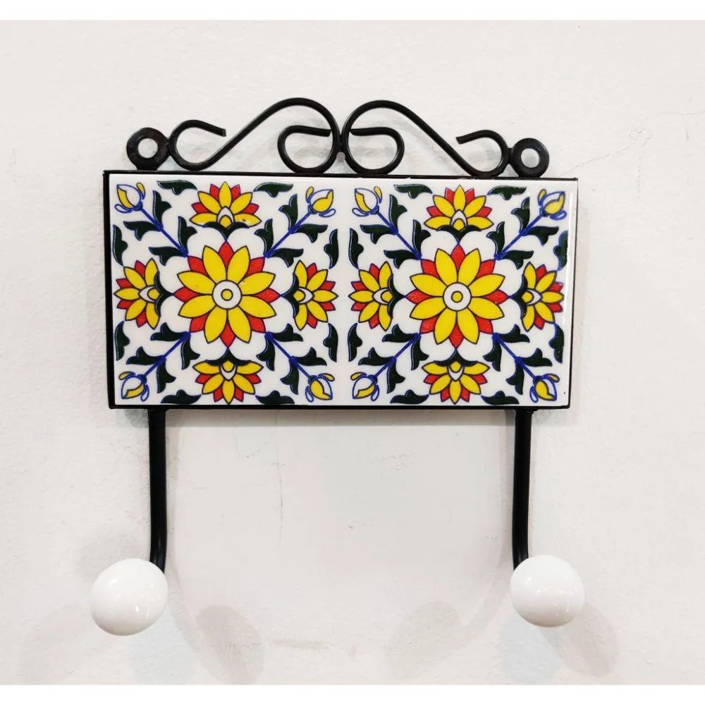 Hand Crafted Ceramic Wrought Iron Wall Hook, White  - Set of 2
