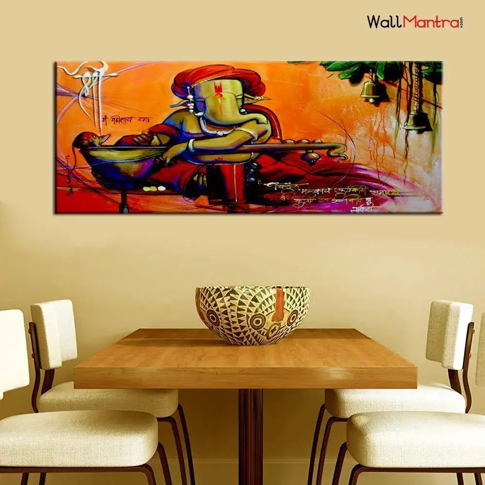 Hand Painted Beautiful Auspicious Ganesha Canvas  Wall Painting Standard