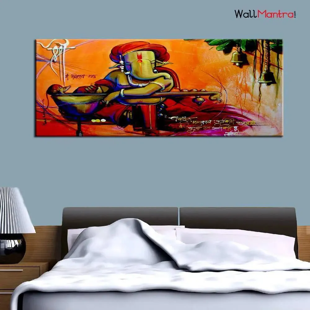 Hand Painted Beautiful Auspicious Ganesha Canvas  Wall Painting Standard