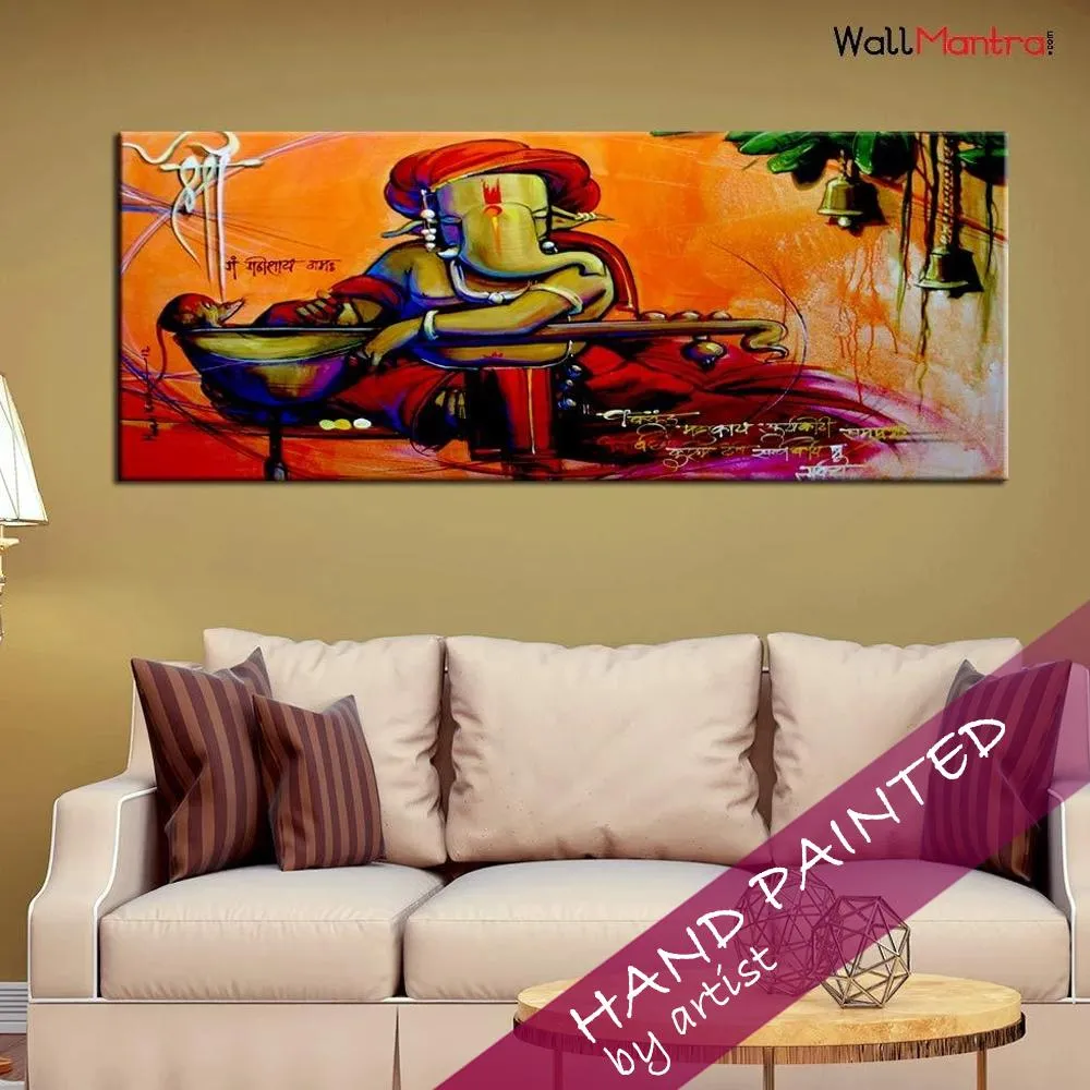 Hand Painted Beautiful Auspicious Ganesha Canvas  Wall Painting Standard