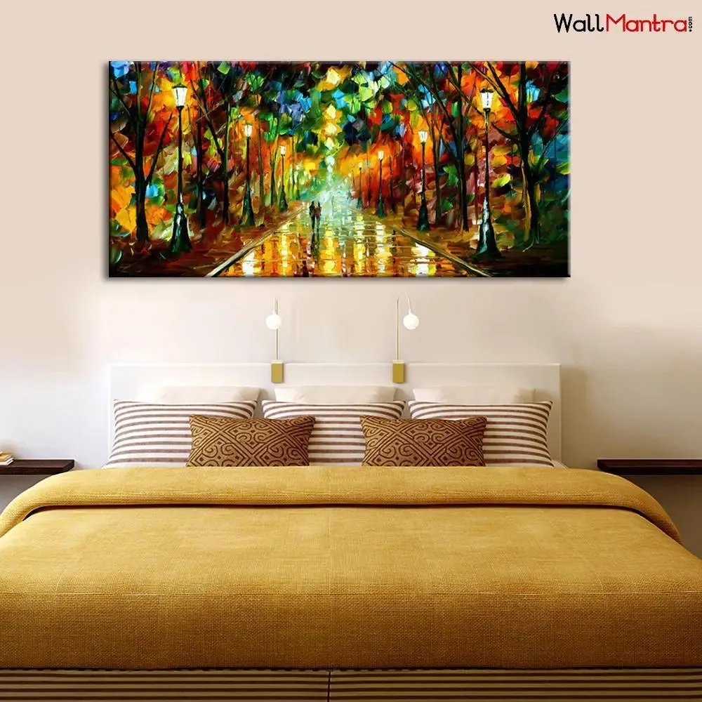 Hand Painted Big Panoramic Street Lamp Night Scenery Canvas Wall painting