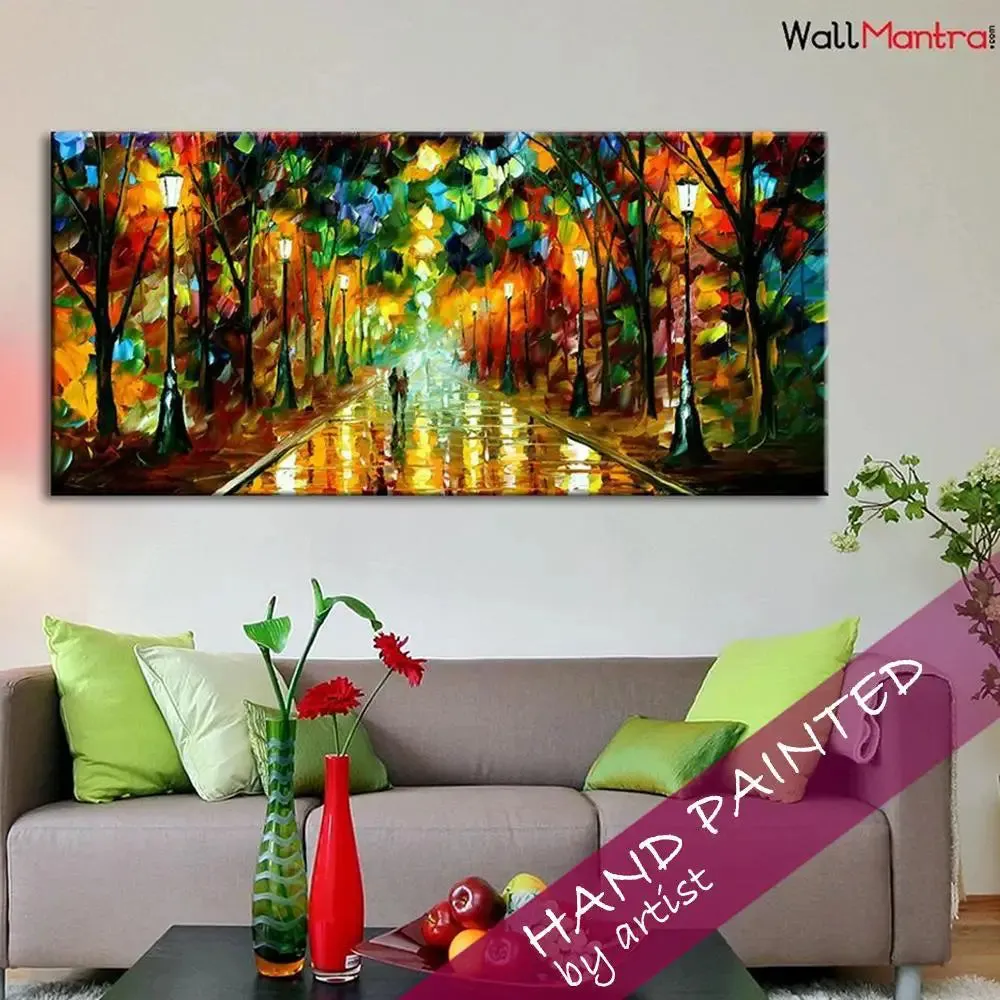 Hand Painted Big Panoramic Street Lamp Night Scenery Canvas  Wall painting
