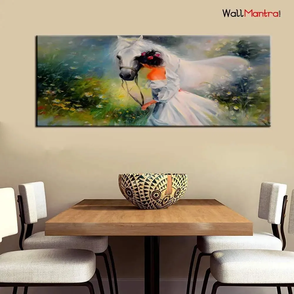 Hand Painted Girl with a Horse Canvas Big Panoramic Wall Hanging