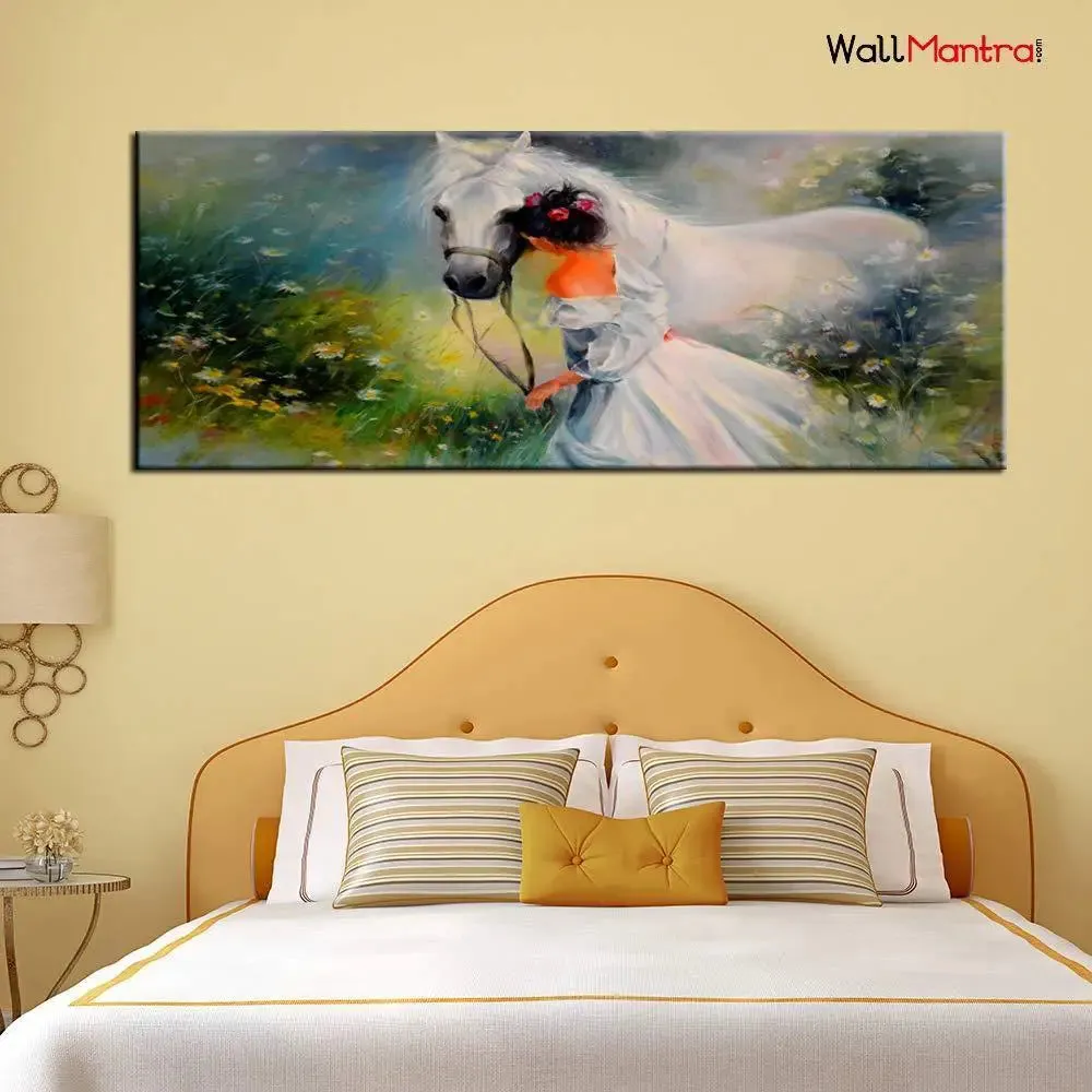 Hand Painted Girl with a Horse Canvas Big Panoramic Wall Hanging