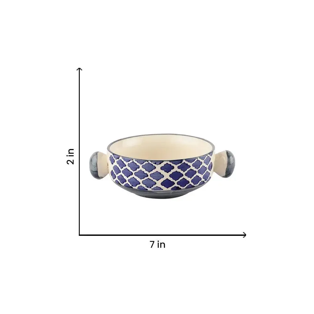 Hand Painted Mughal Blue Designer Ceramic Bowl Set With Handle Set Of 6