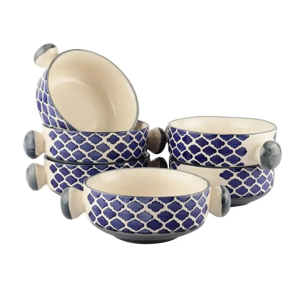 Hand Painted Mughal Blue Designer Ceramic Bowl Set With Handle Set Of 6