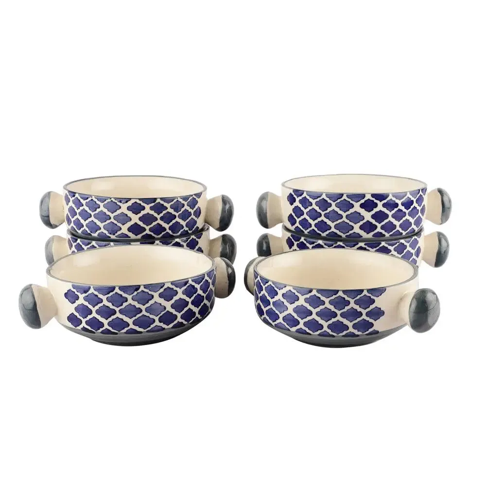 Hand Painted Mughal Blue Designer Ceramic Bowl Set With Handle Set Of 6