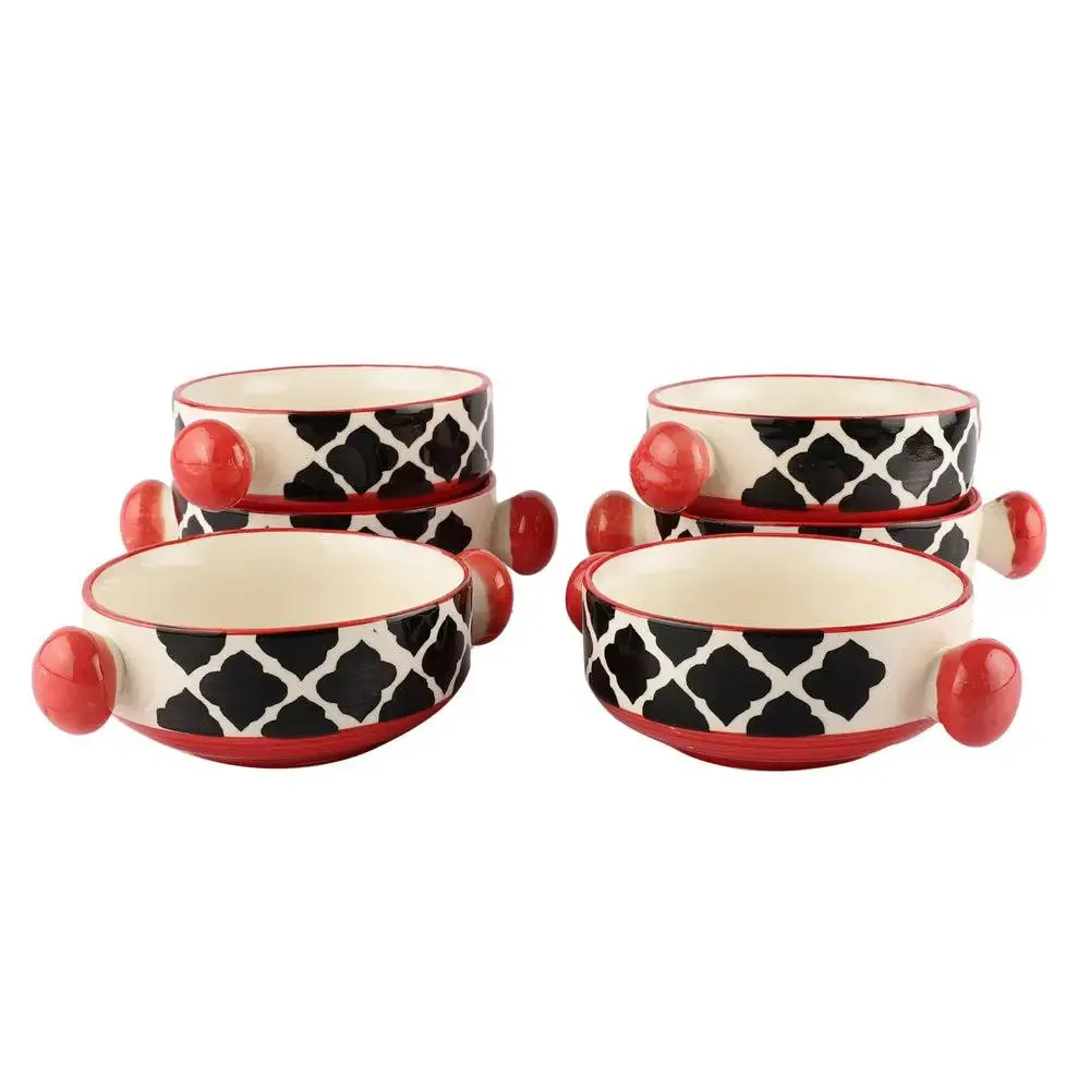 Hand Painted Mughal Designer Ceramic Bowl Set With Handle Set Of 6