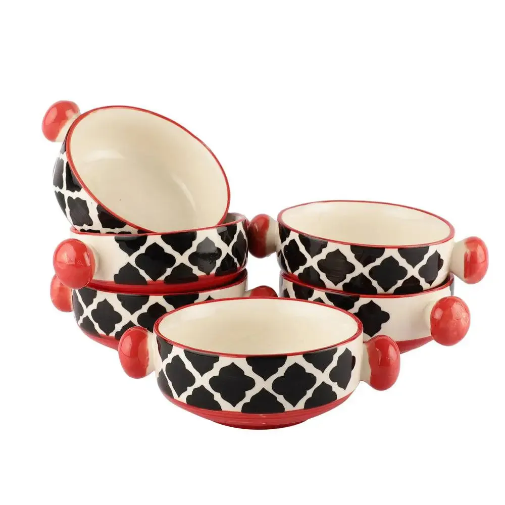 Hand Painted Mughal Designer Ceramic Bowl Set With Handle Set Of 6
