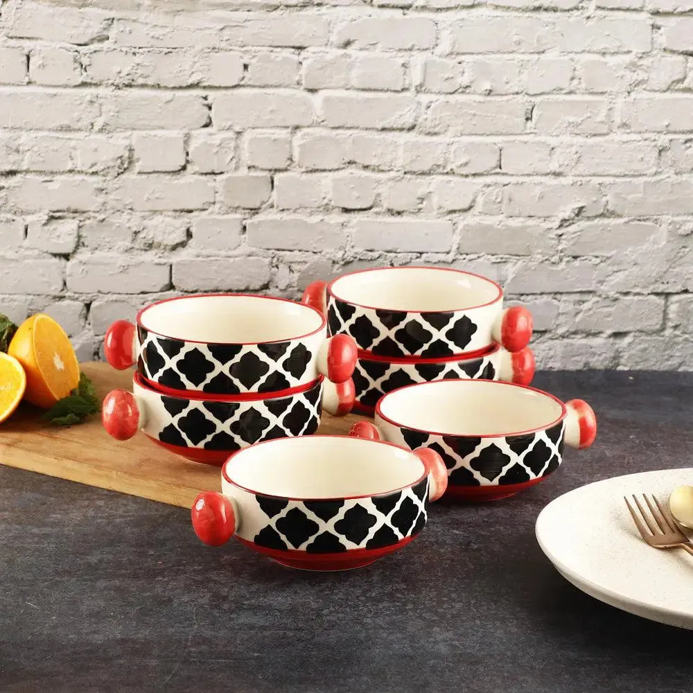Hand Painted Mughal Designer Ceramic Bowl Set With Handle Set Of 6