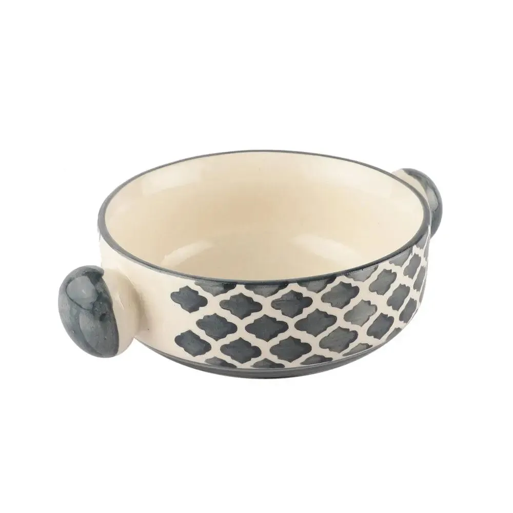 Hand Painted Mughal Grey Designer Ceramic Bowl Set With Handle Set Of 6
