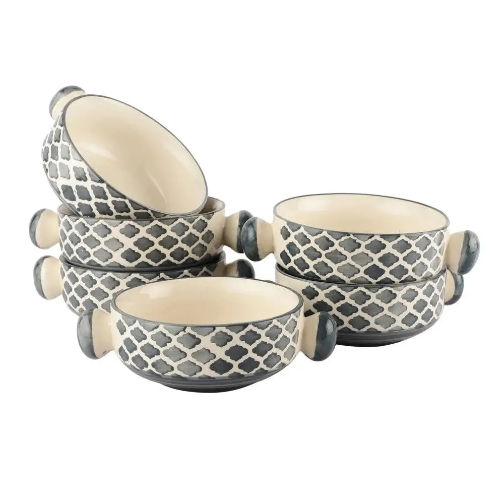 Hand Painted Mughal Grey Designer Ceramic Bowl Set With Handle Set Of 6