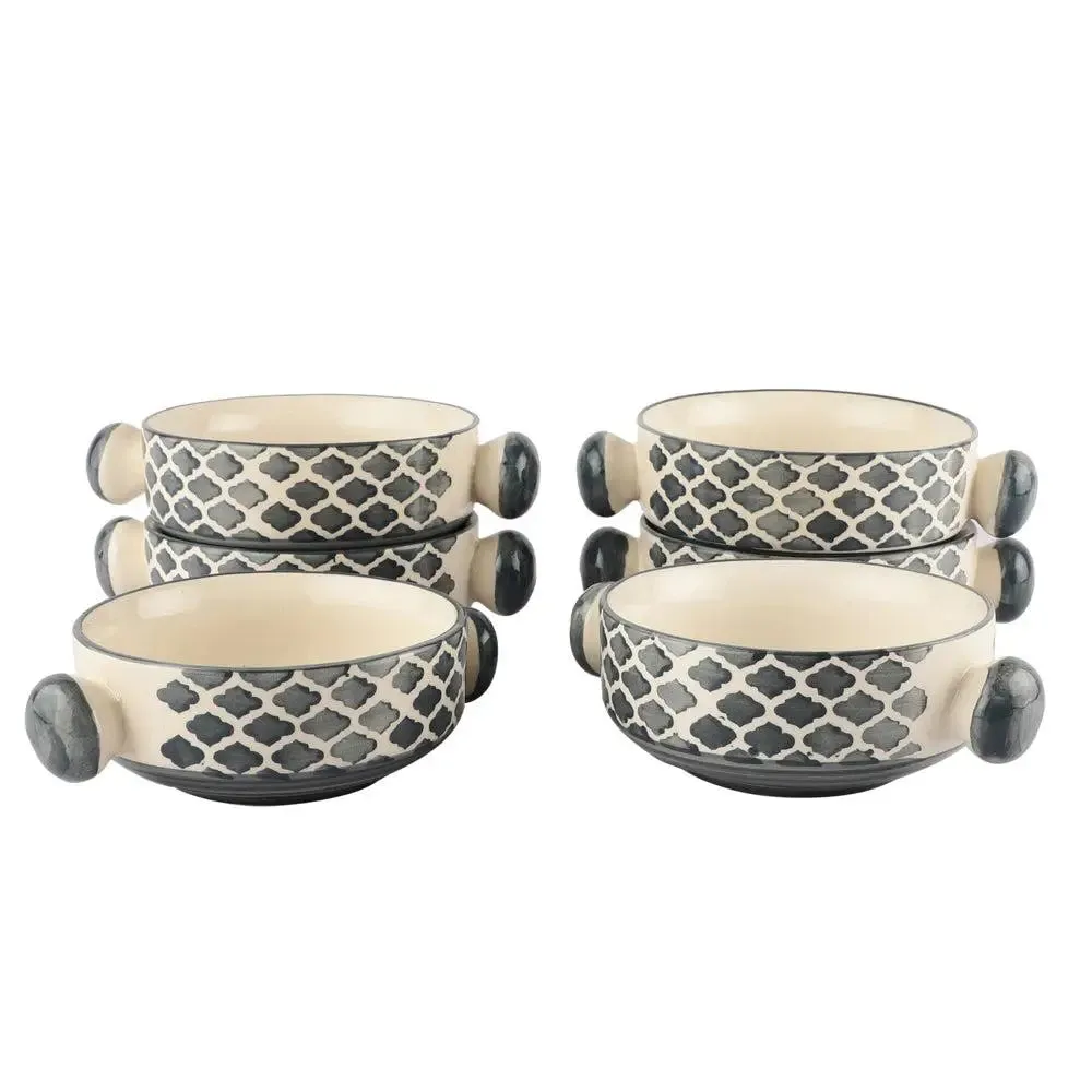 Hand Painted Mughal Grey Designer Ceramic Bowl Set With Handle Set Of 6