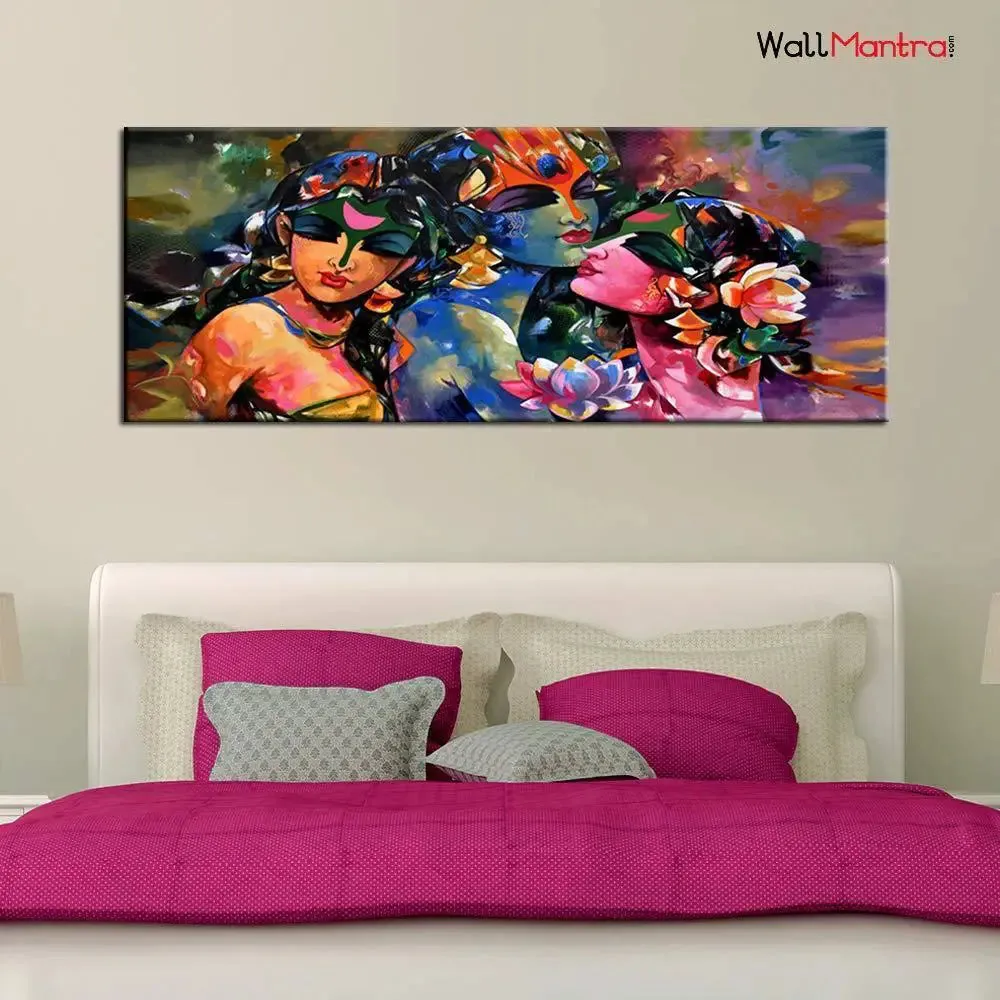 Hand Painted Radha Krishna Gopies Spiritual Wall Painting In  Canvas