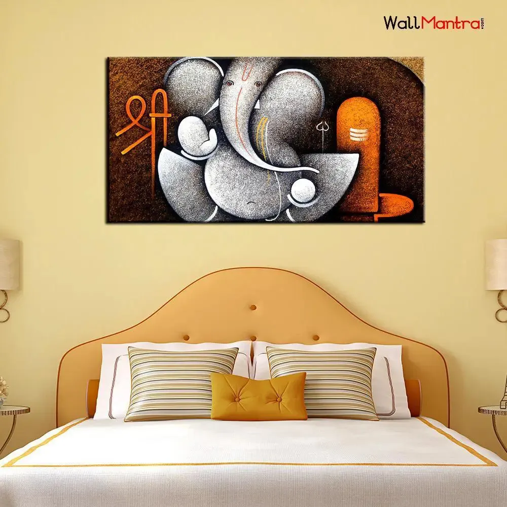 Hand Painted Shri Ganesha with Shivling Canvas  Big Panoramic Wall Painting