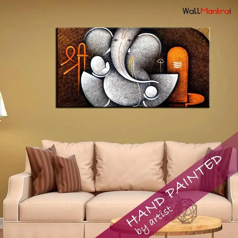 Hand Painted Shri Ganesha with Shivling Canvas  Big Panoramic Wall Painting