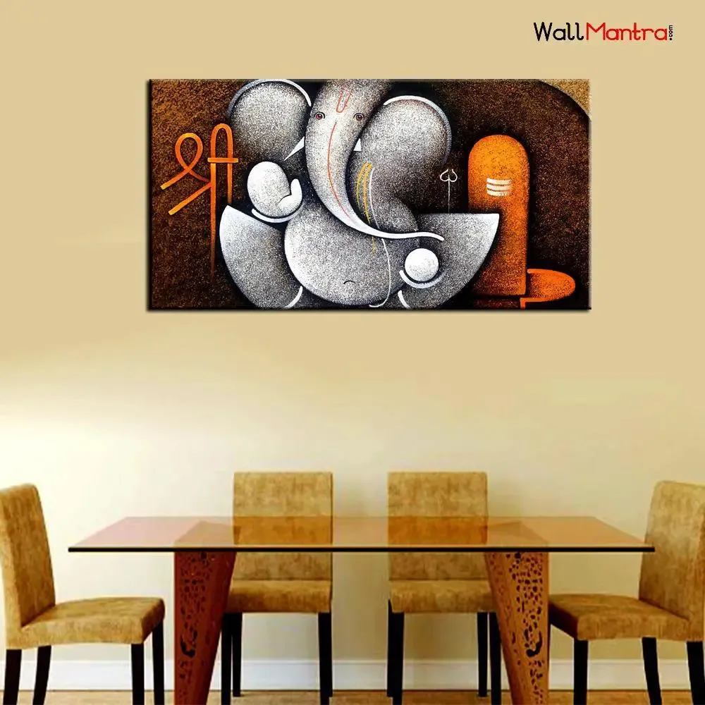 Hand Painted Shri Ganesha with Shivling Canvas  Big Panoramic Wall Painting