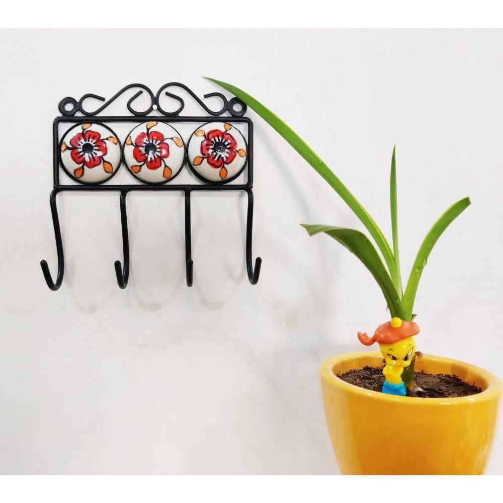 Hand Painted Wrought Iron, Ceramic Wall Hook, Orange  - Set of 2