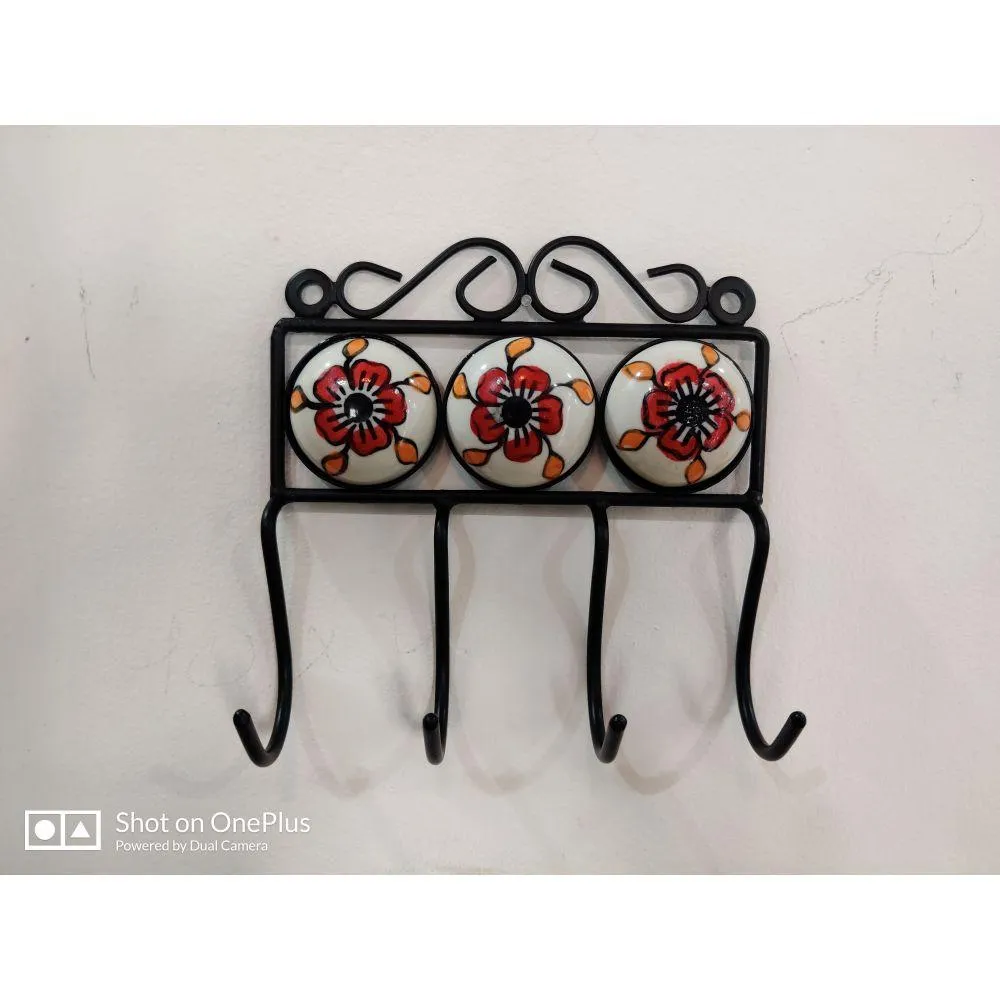 Hand Painted Wrought Iron, Ceramic Wall Hook, Orange  - Set of 2