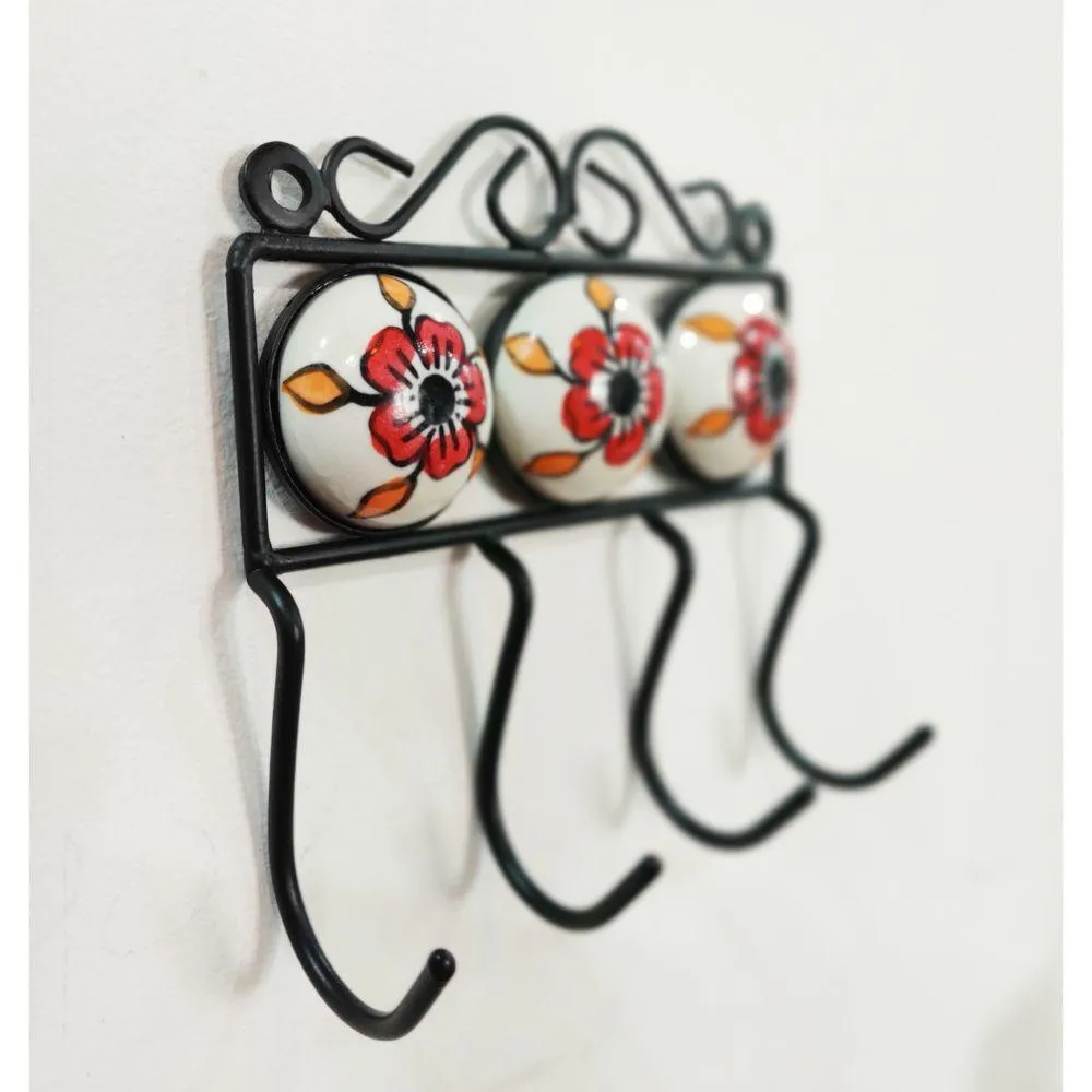 Hand Painted Wrought Iron, Ceramic Wall Hook, Orange  - Set of 2