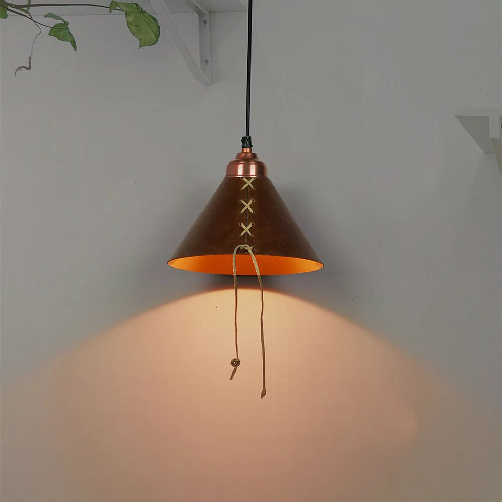 Hand-Stitched Conical-Shaped Brown Leather Hanging Ceiling Light
