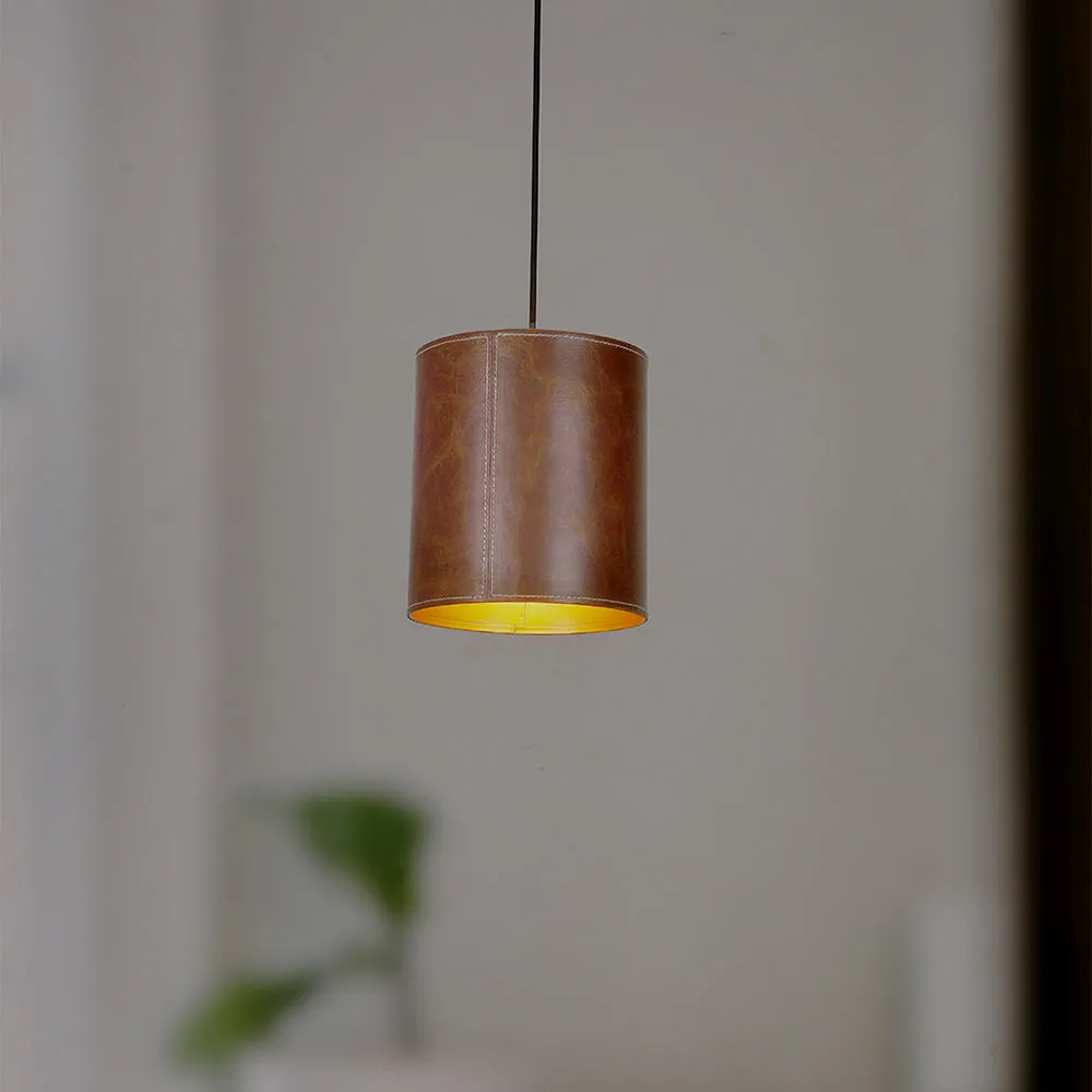 Hand-Stitched Cylindrical-Shaped Brown Leather Hanging Ceiling Light