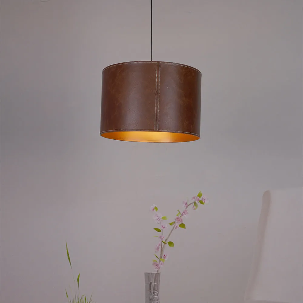 Hand-Stitched Drum-Shaped Brown Leather Hanging Ceiling Light