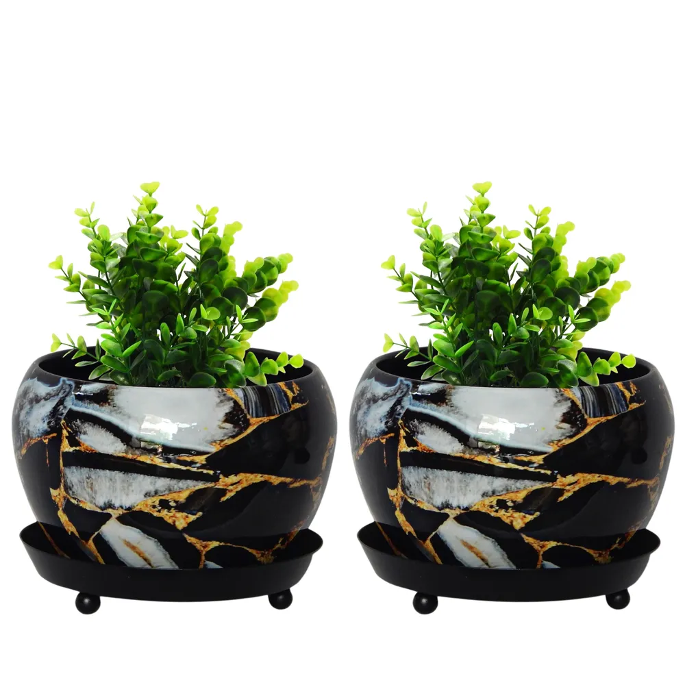 Handcrafted Black Marble-textured Print Indoor Metal Plant Pot with Saucer Plate Single Piece