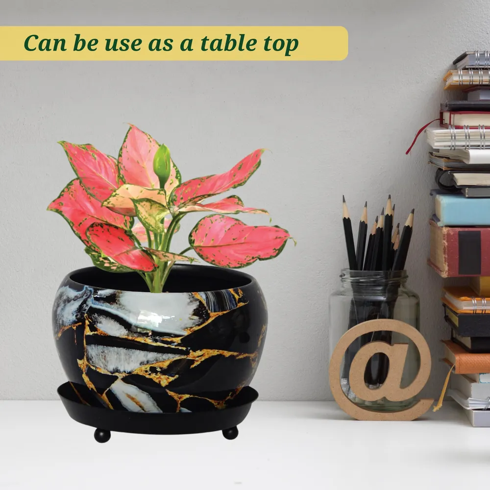 Handcrafted Black Marble-textured Print Indoor Metal Plant Pot with Saucer Plate Single Piece