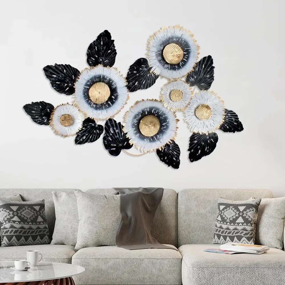 Handcrafted Black & White Sun Flower Metal Wall Art for Living Room