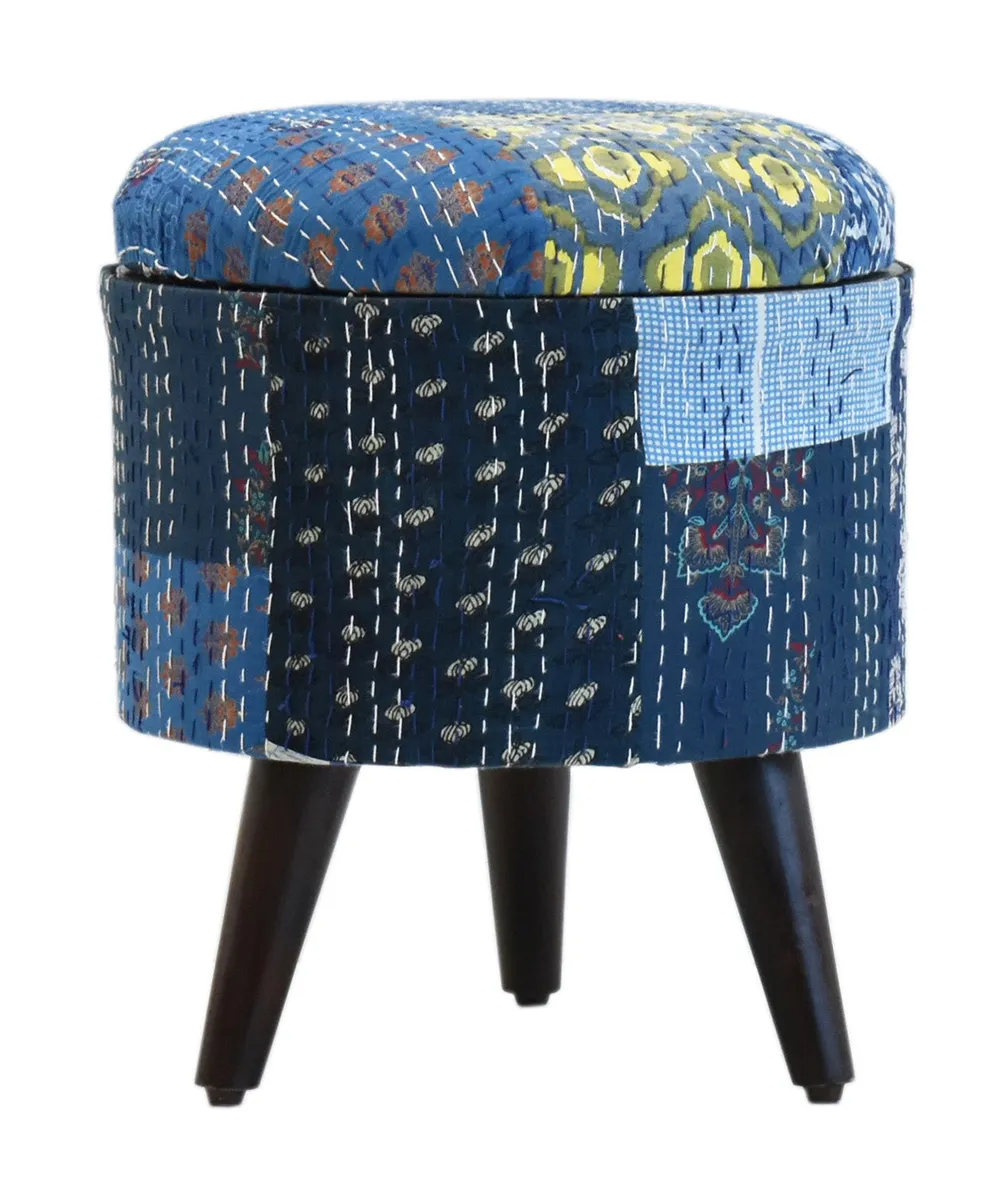 Handcrafted Blue Kantha Gudri Patchwork Upholstery Solid Wooden Ottoman Single Piece