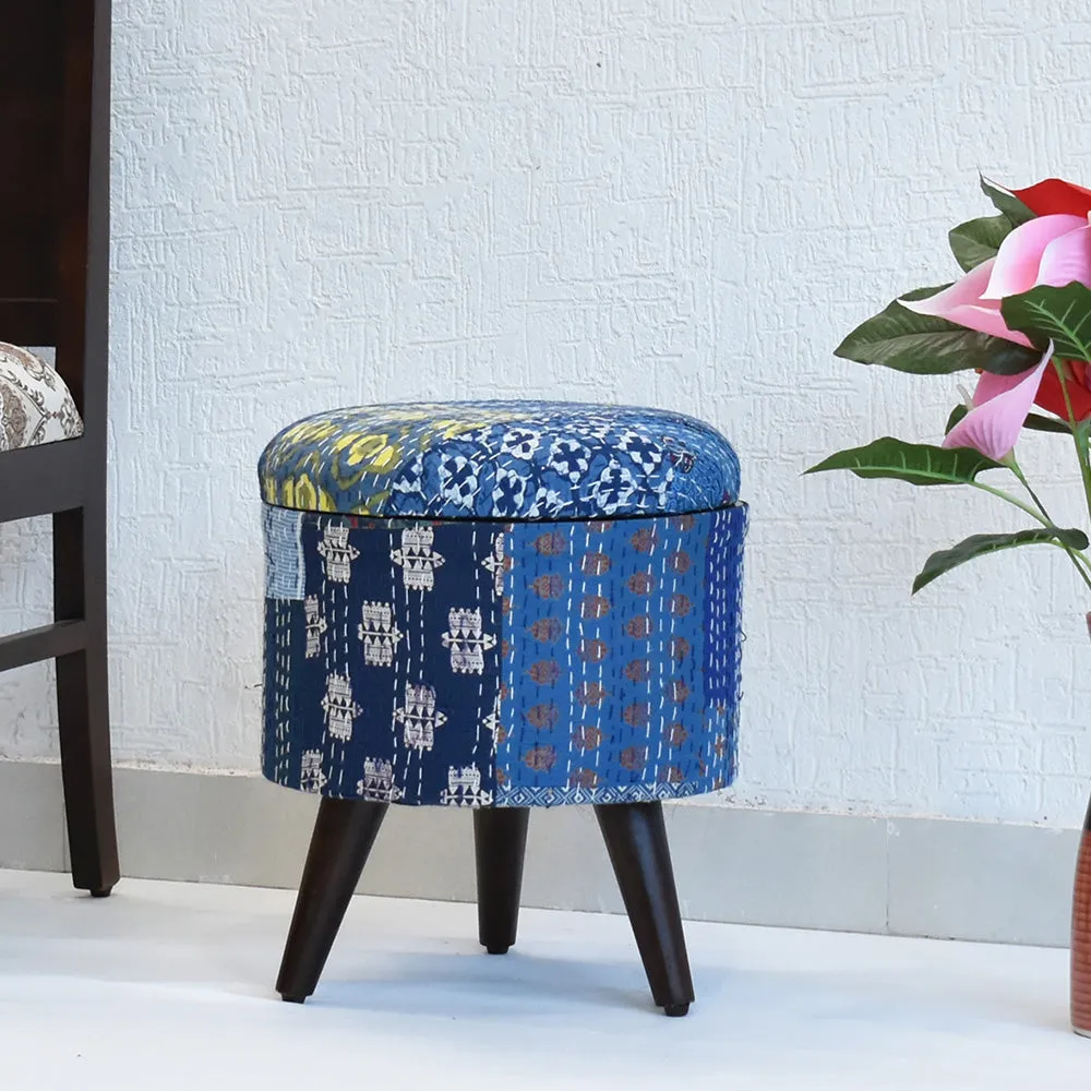 Handcrafted Blue Kantha Gudri Patchwork Upholstery Solid Wooden Ottoman Single Piece