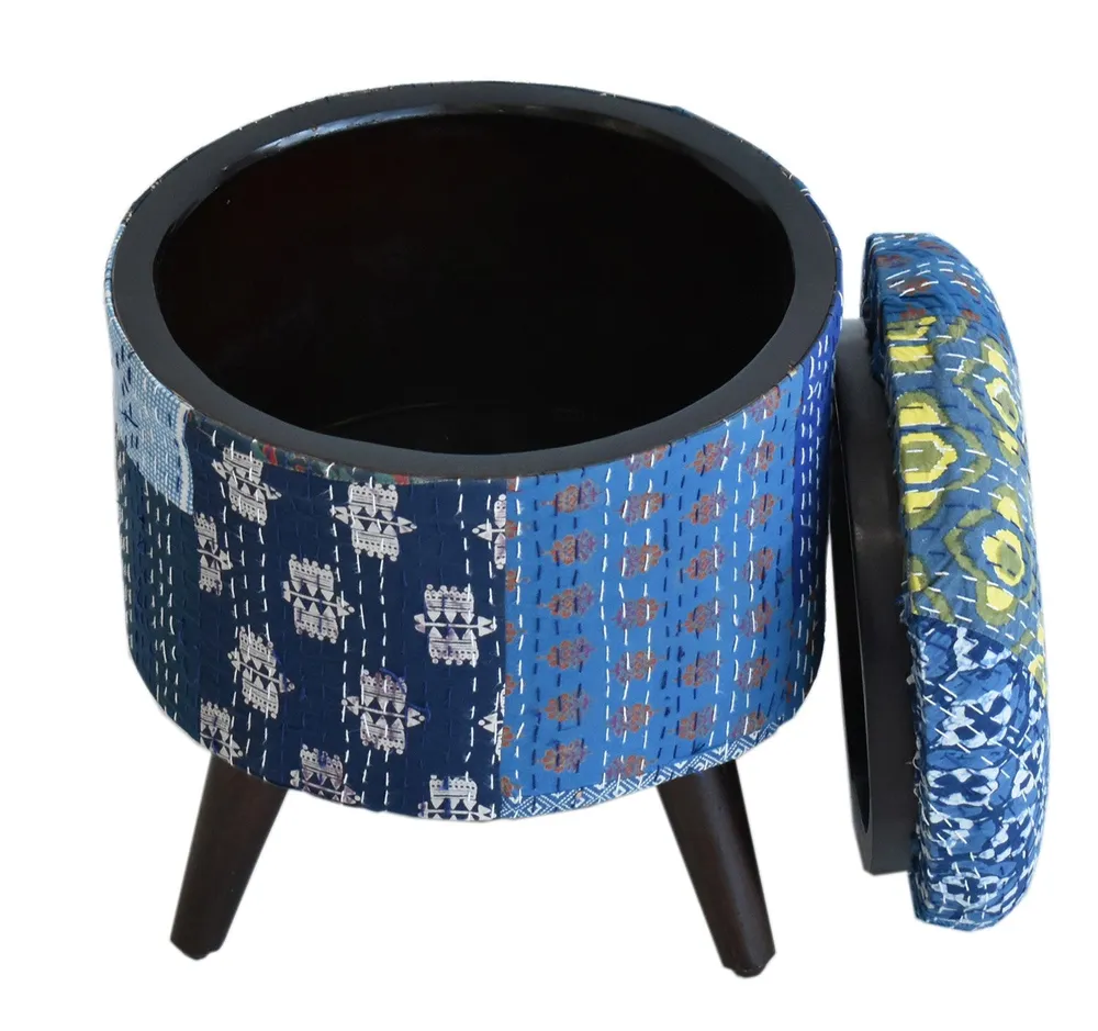Handcrafted Blue Kantha Gudri Patchwork Upholstery Solid Wooden Ottoman Single Piece