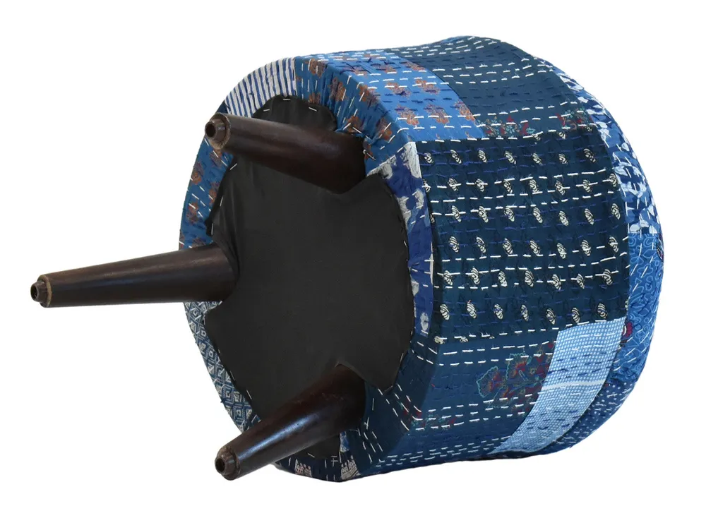 Handcrafted Blue Kantha Gudri Patchwork Upholstery Solid Wooden Ottoman Single Piece
