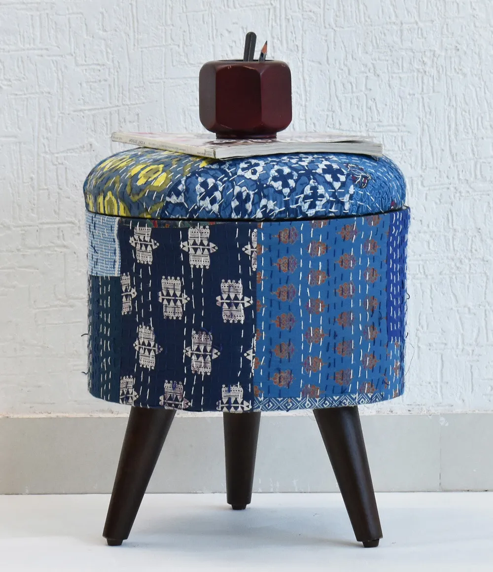 Handcrafted Blue Kantha Gudri Patchwork Upholstery Solid Wooden Ottoman Single Piece