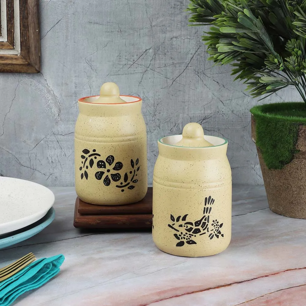 Handcrafted Ceramic Chrome Yellow Pickle Jars 500ml Set Of 2