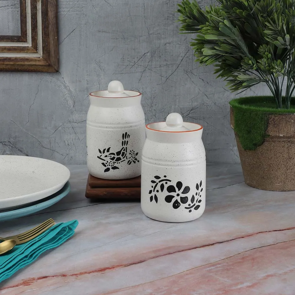 Handcrafted Ceramic Off White Pickle Jars 500ml Set Of 2