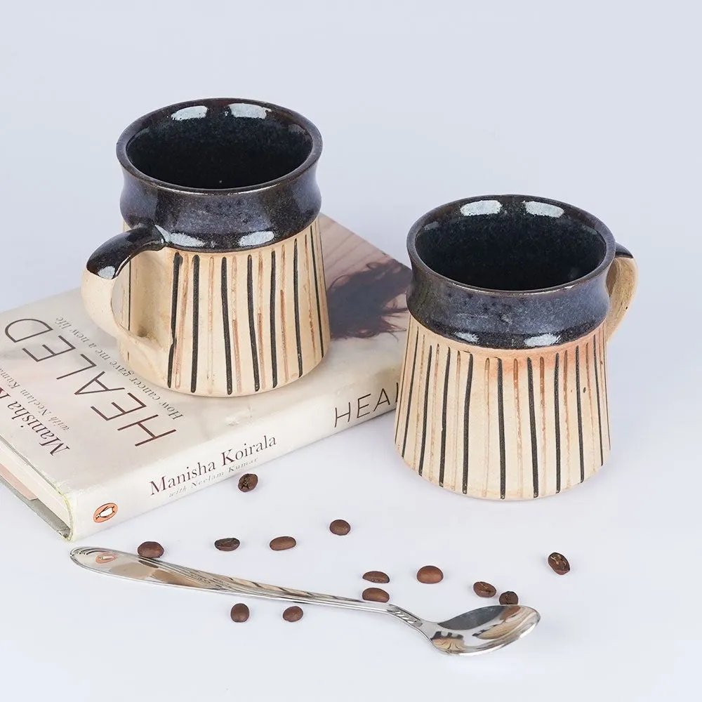 Handcrafted Design Blue Stripped Ceramic Tea/Coffee Mugs Set of 2