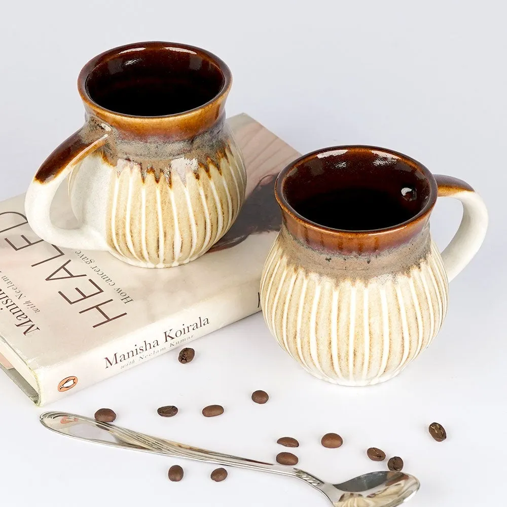 Handcrafted Design Pot Motif Ceramic Mugs Set of 2 Single Piece