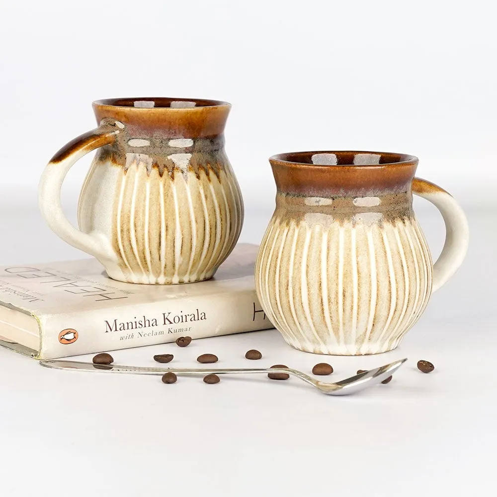 Handcrafted Design Pot Motif Ceramic Mugs Set of 2 Single Piece