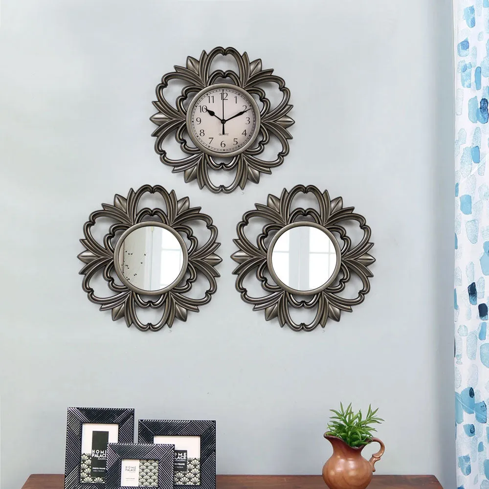 Handcrafted Floral Designer Brown Wall Clock & Mirror Set Of 3