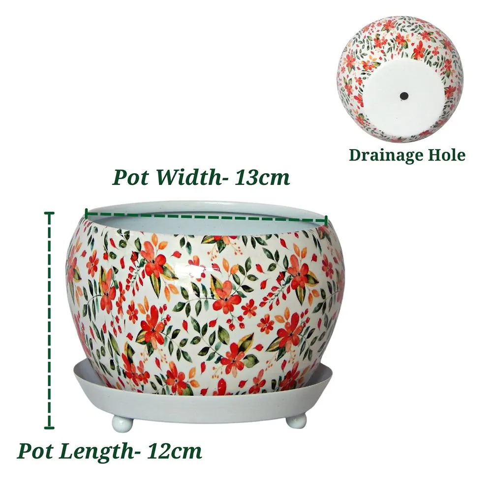 Handcrafted Floral Print Indoor Metal Plant Pot with Saucer Plate Single Piece