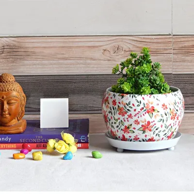 Handcrafted Floral Print Indoor Metal Plant Pot with Saucer Plate