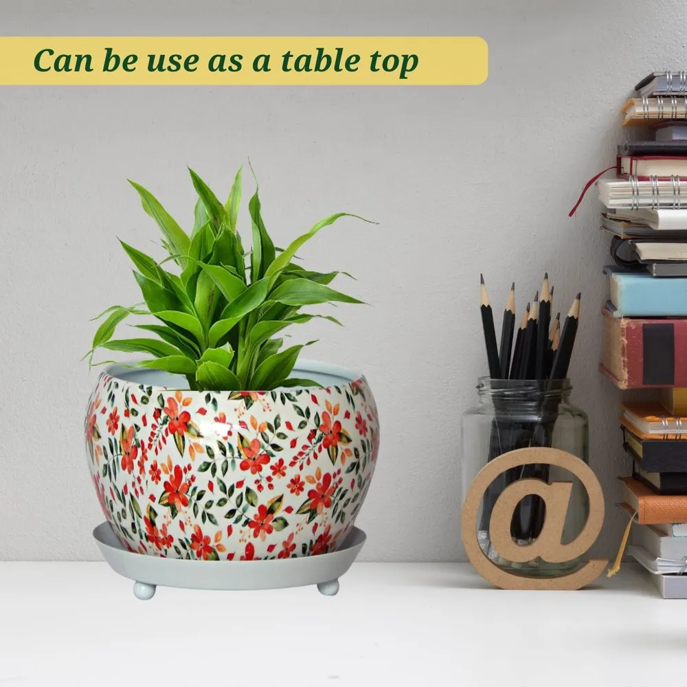 Handcrafted Floral Print Indoor Metal Plant Pot with Saucer Plate Single Piece