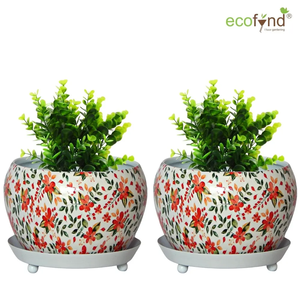 Handcrafted Floral Print Indoor Metal Plant Pot with Saucer Plate Single Piece