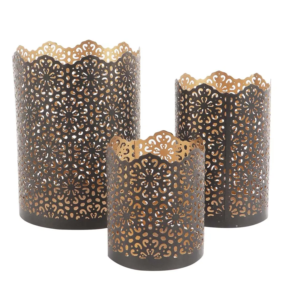 Handcrafted Golden & Black Metal Tea Light Candle Holders Set Of 3